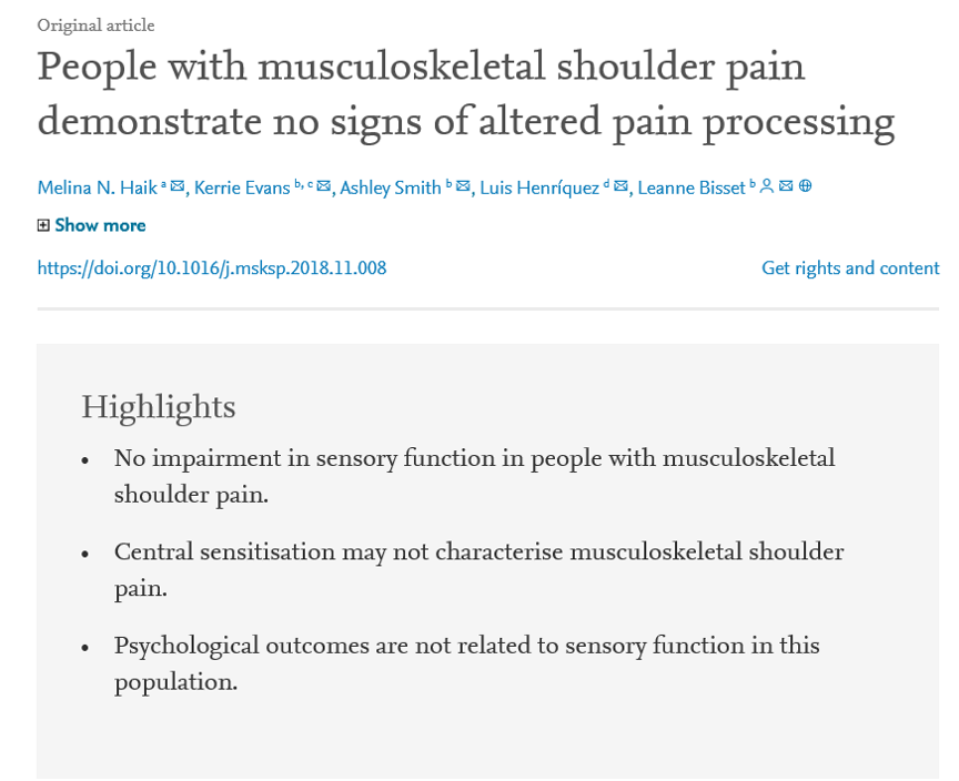 ACadogan_NZ's tweet photo. No signs of altered pain processing in pts with sh pain (mean symptom duration 2.9 yrs):
▪️No clin. sig differences in sensory function
▪️CS may not characterise sh pain
▪️No assoc. between psychological outcomes &amp; sensory function.
 
https://t.co/ZKyDFHXiTl https://t.co/lVOhI3My7o