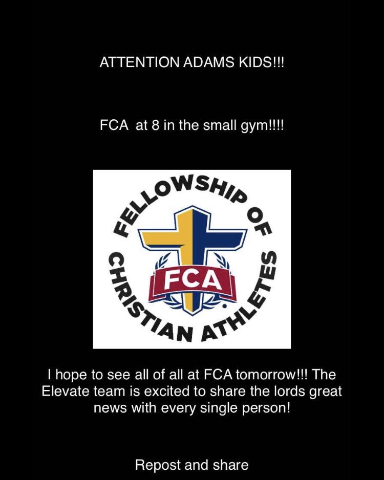 Last FCA guys!! Come support tomorrow morning at 8!! The Elevate team will be here to share God’s grace with us!!!