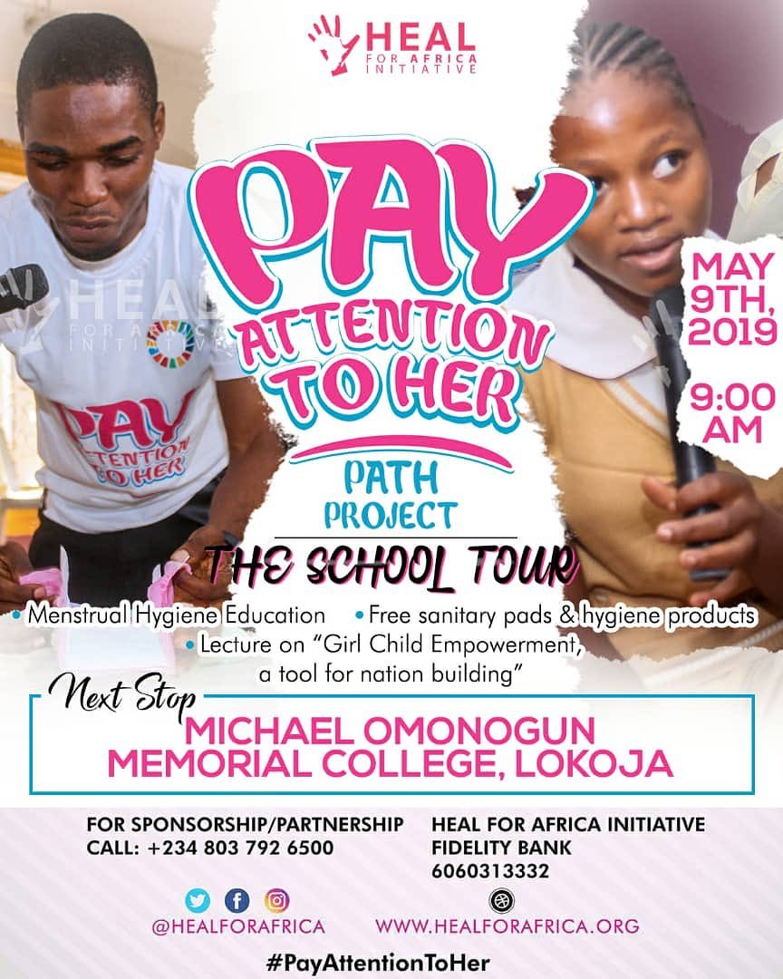 healforafrica's tweet photo. Our next stop is Micheal Omonogun Memorial college.
You can still be a part of our #PATHschoolTour ongoing in lokoja OR
You can volunteer to join any of our tribe across Nigeria.
#PayAttentionToHer #ItsTimeForAction #healforafrica #MHDay28May https://t.co/nAxpDotriS
