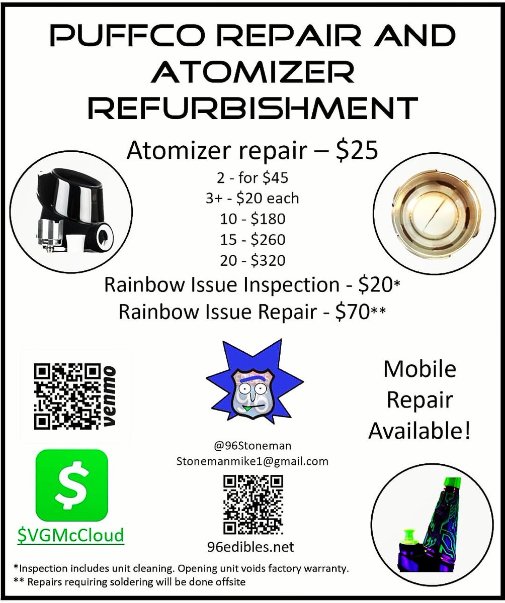 PuffcoRepair's tweet photo. No need to toss broken atomizers, I'll bring them back to life! #puffco #puffcoilrepair #bringitbacktolife #rainbowpuffco #brokenatomizer #crackedcoil #atomizerrepair #puffcopeakatomizer #puffcopeak #DabTime #hightimes #cannabiscommunity #96stoneman #96edibles #mobilerepair https://t.co/sgg96mmIAM