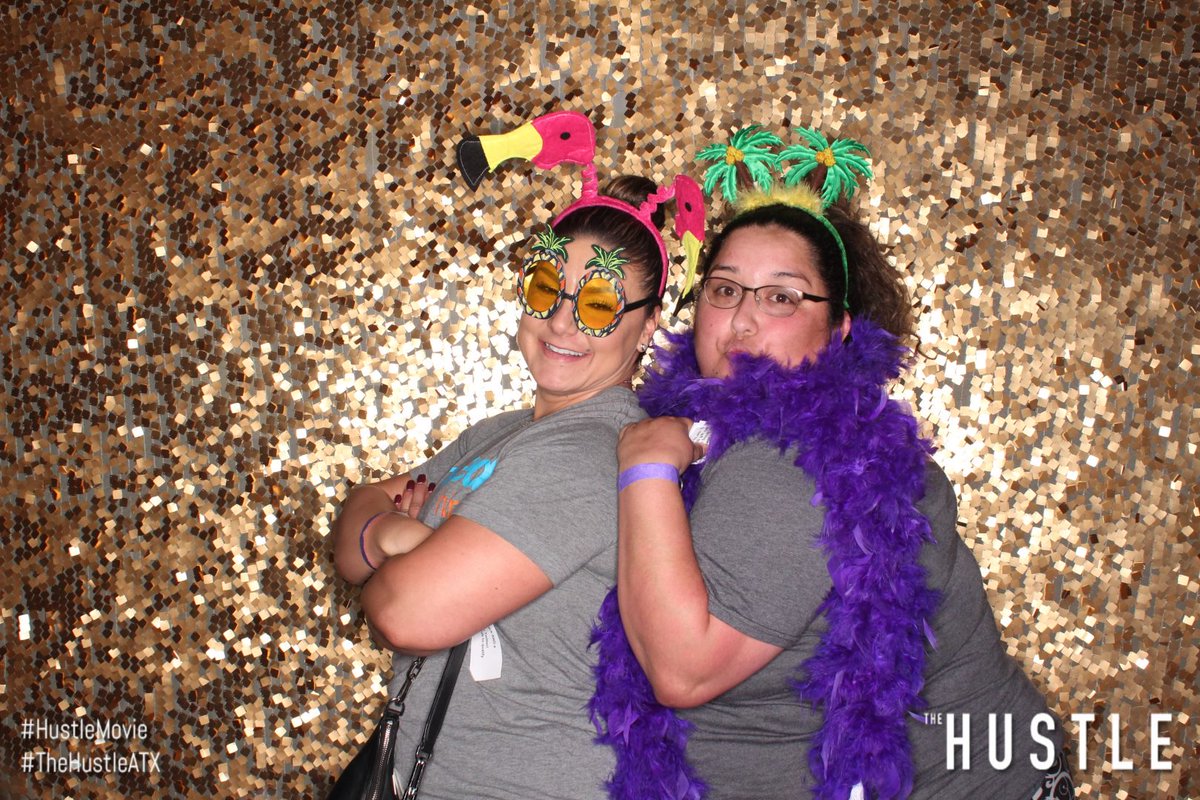 aks0207's tweet photo. My girl and I decided to hustle over here and catch a movie! We even had fun in the photo booth 🤪 thanks to @TheSlyFoxClub for letting us have some more fun before laughs 💜 #HustleMovie #TheHustleATX https://t.co/6YcBbU1tUi