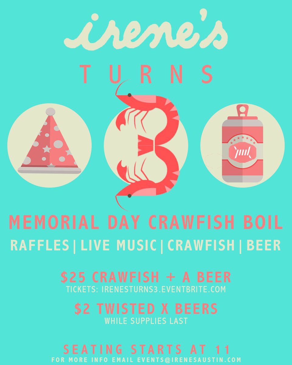 Irenes is turning a year older! Come help us celebrate the last three amazing years as we host our first ever crawfish boil with <a href="/twistedxbrewing/">Twisted X Brewing Co</a>. You can grab a ticket through Eventbrite now!
#elmrg #irenesaustin #irenesatx #irenesturns3