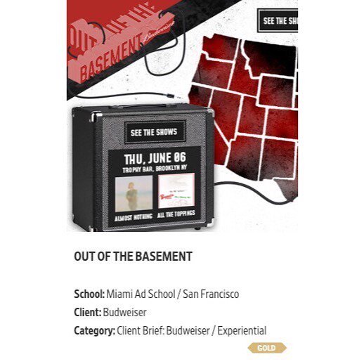 MiamiAdSchoolSF's tweet photo. Update on our finalists for Young Ones!💡 Lauren and Josh brought home the gold! 🏆 
Spotlight on they’re amazing work! 
Out Of The Basement by @_piccadilly_circus &amp; @joshpeterson444 😎
Super proud of you guys! 💕❤️ We will be posting more winners soon s… https://t.co/g5hRFDjJlU https://t.co/UqHU4XTWkc