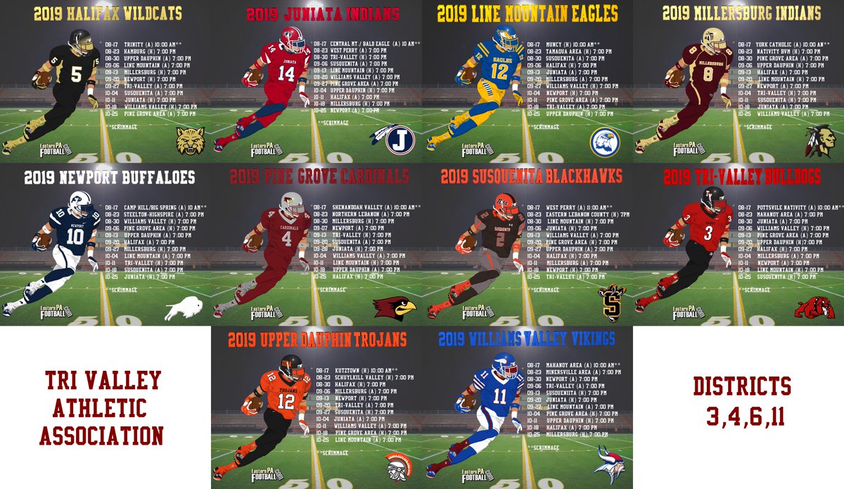 sol_Alpha001's tweet photo. 2019 TVAA football schedules. @MLBGSD @JHS__Football @WildcatsHalifax @todd_rothermel @PGA_Athletics @TVAthleticDept @SusquenitaA @SusquenitaFB @LineMountainFo1 @UDA_Athletics @BadgleyBruce @TVAASports https://t.co/AhMPy5CGqI
