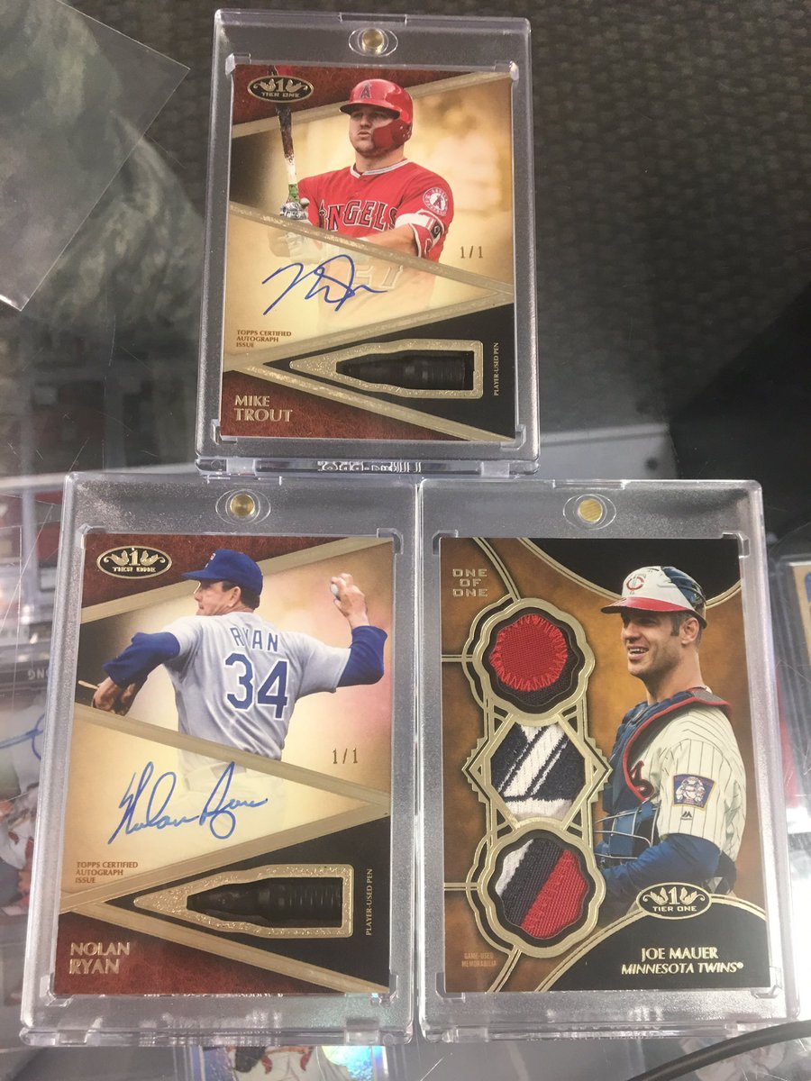 3 2019 <a href="/Topps/">Topps</a> Tier One 1/1’s from one case!!!  <a href="/MikeTrout/">Mike Trout</a> and Nolan Ryan auto pen cards.  Joe Mauer majestic tag 1/1.  Crazy!!!
<a href="/beckettmedia/">Beckett Media</a> @SoHobbyGames  #LCS #como #nolanryan #angels #goat #rangers #tierone