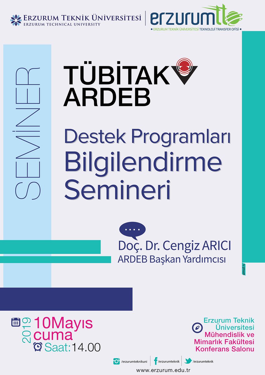 TÜBİTAK ARDEB destek programları bilgilendirme seminerimiz 10 Mayıs 2019 saat 14.00'da Mühendislik ve Mimarlık Fakültesi Konferans salonunda