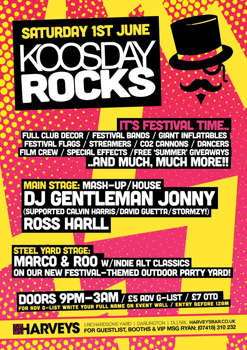 KOOSDAY ROCKS 😎🌴
SAT 1ST JUNE ⏰🍻
FT: <a href="/DJGENTJONNY/">Gentleman Jonny</a> 🎉🎧
<a href="/HARVEYSDARLO/">Harvey's Late Bar</a> 🎪🕺🏻