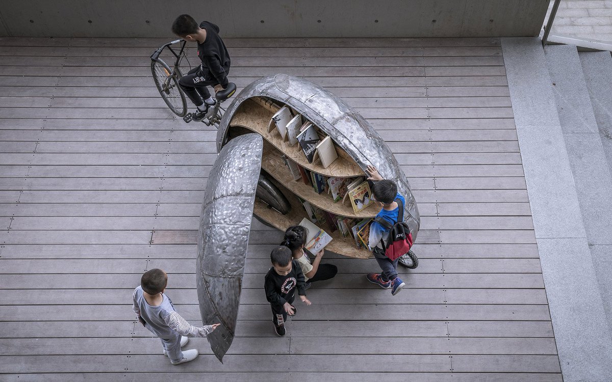 HSchendera's tweet photo. #LUOStudio builds Shared Lady Beetle micro library from abandoned bicycle: Chinese architecture firm #LUOStudio has made a beetle-shaped micro library for children, from the abandoned frame of a bike-sharing scheme bicycle. Read more https://t.co/qE3nTupmvy https://t.co/G345ApUFCl