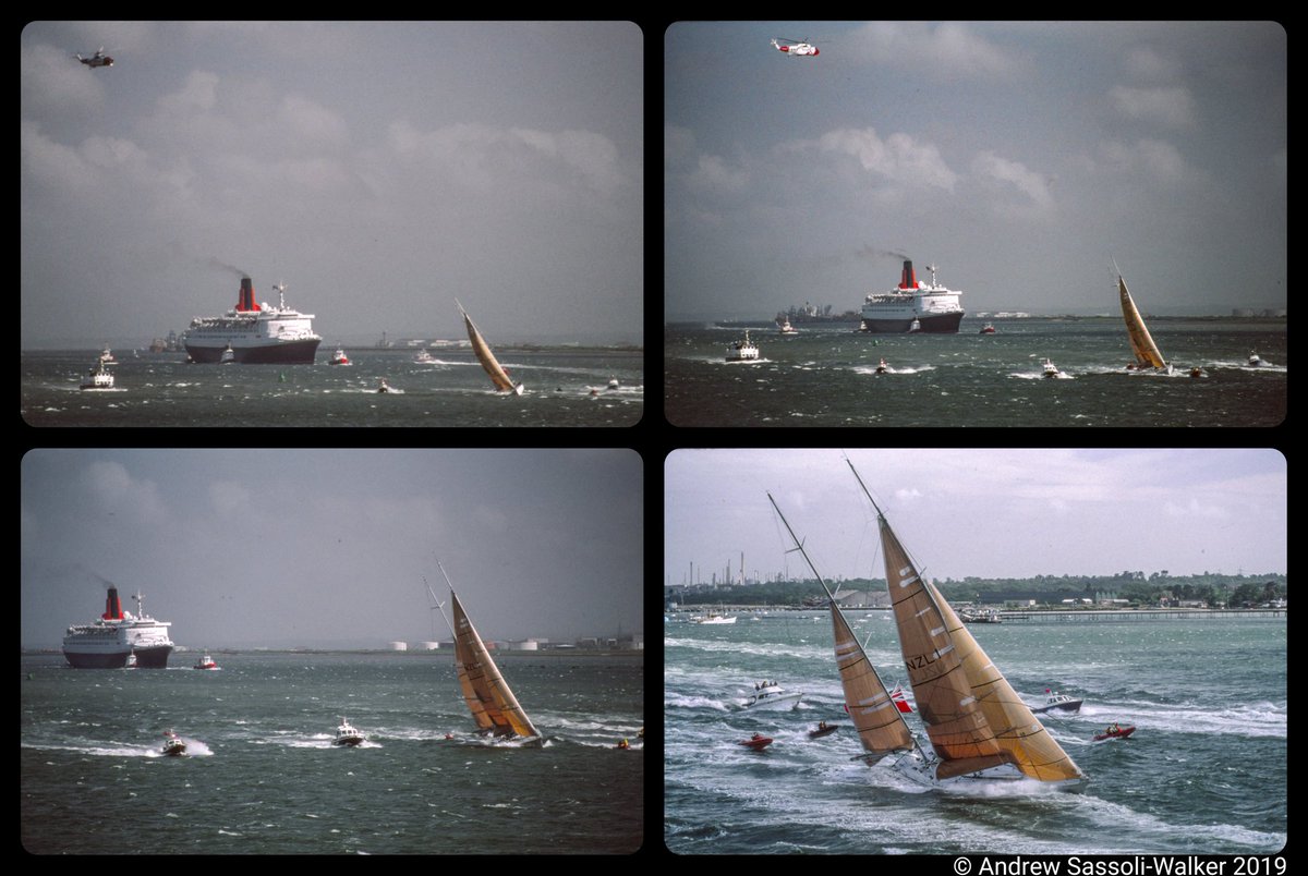 Andrew_SW's tweet photo. #ThrowbackThursday - 1994 in gale force conditions, #newzealandendeavour storms up #Southampton Water to win the #whitbreadroundtheworld race followed by the legendary @cunardline #QE2 https://t.co/VeFh1ww6Qz