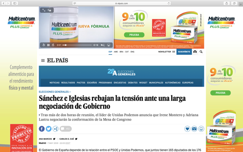 el_pda's tweet photo. ¿Astenia primaveral? Coge fuerzas con #Multicentrum Ginseng & Ginkgo, Elegido #ProductodelAño 2019. Seguro que ya has empezado a ver su comunicación con el logotipo. Aquí un ejemplo de publicidad on-line. En este caso en El País. https://t.co/zHTE7ueAoP