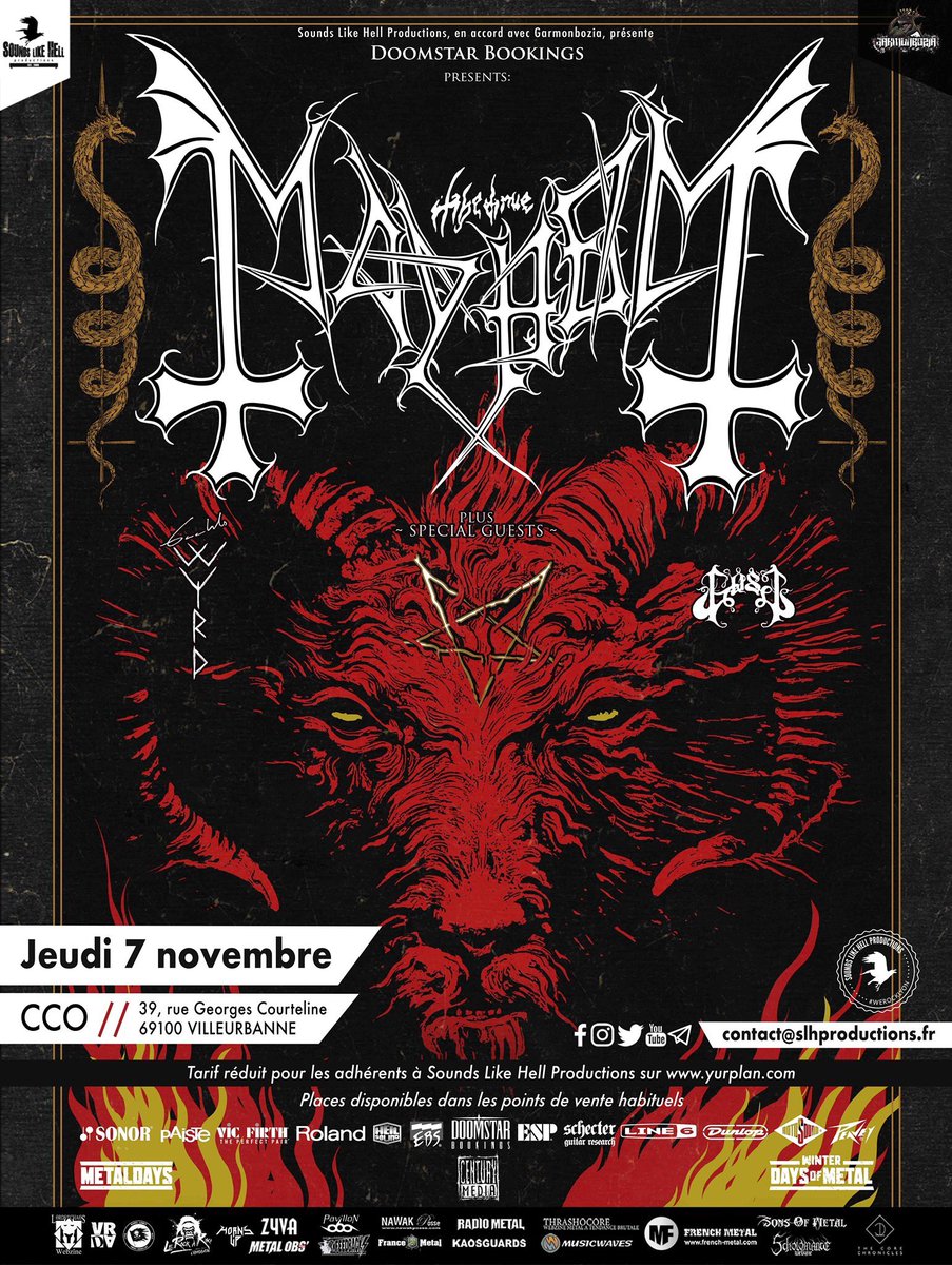 SLHproductions's tweet photo. Première annonce d’une série de 4, MAYHEM revient à Lyon ce 7 novembre au @CCOVilleurbanne 🔥
Gaahls Wyrd et Gost les accompagnent ! 
Places disponibles en points de vente habituels et à tarif réduit sur @yurplan pour nos chers adhérents ! https://t.co/JS8uvP10Aq