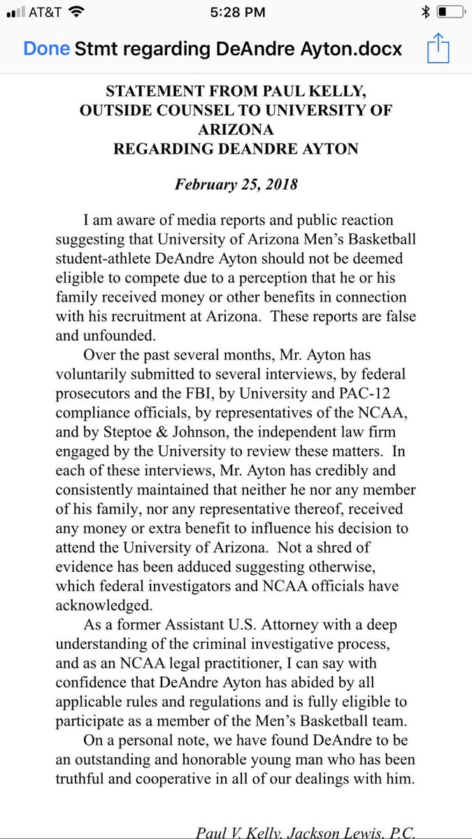 During this Feb 24 - March 1 window, the FBI was on campus. This after they already were on campus and investigating Miller in the weeks leading up to their announcement of indictments. Outside Investigative Counsel confirmed Ayton was cleared, with the following:
