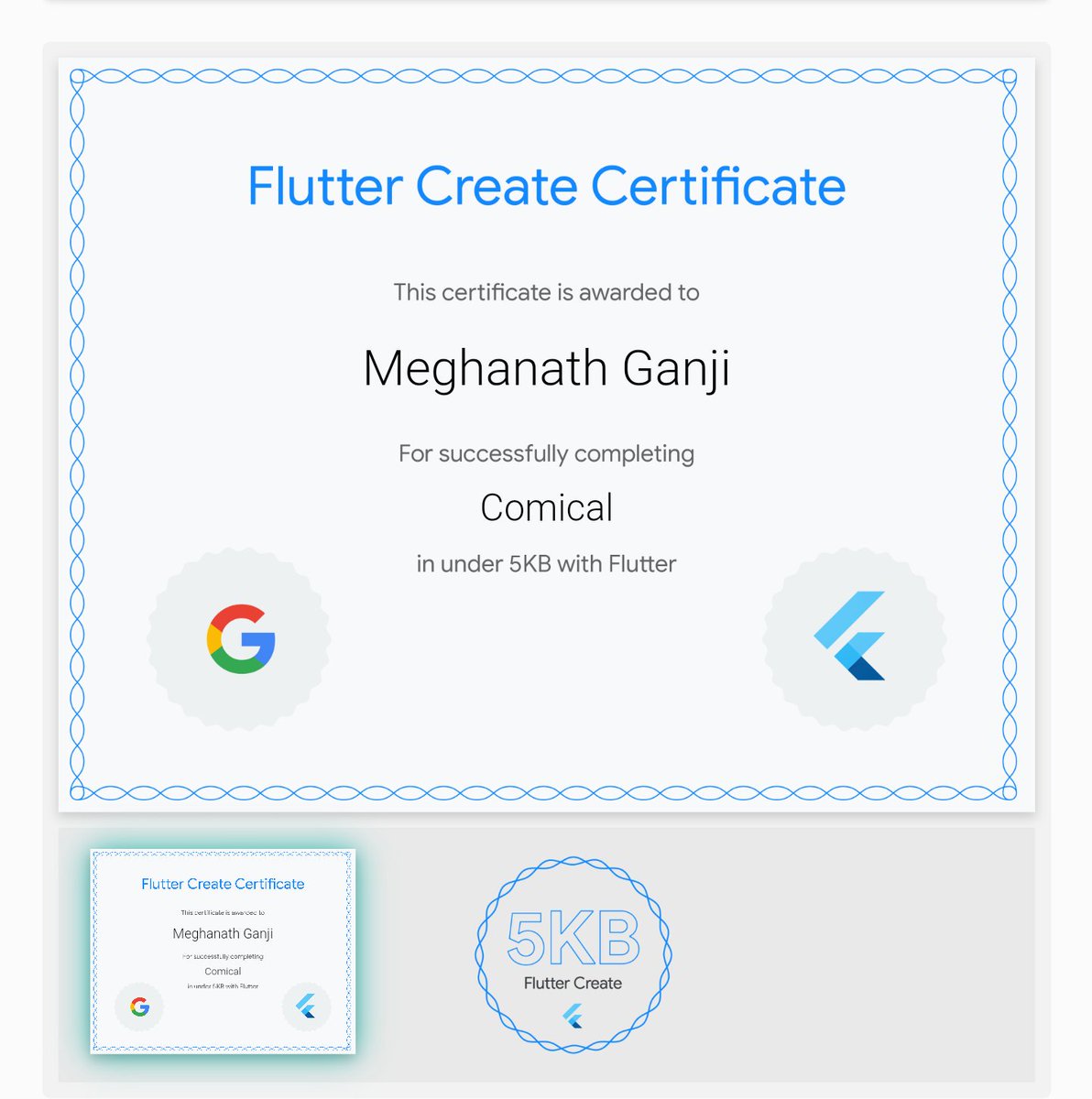 naththeprince's tweet image. Got a digital certification from Google Flutter team for submitting app with &lt;5KB dart code #FlutterCreate #Flutter #Dart