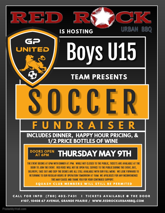 RedRockUrbanBBQ's tweet photo. @RedRockUrbanBBQ is hosting the @GPUnitedClub - boys U15 Soccer fundraiser.  Public welcome, tickets available @ the door.

@RedRockUrbanBBQ will be hosting the event SUNDAY, May 9th @6pm with dinner @7pm.

Take-out, delivery &amp; SkipTheDishes will still be available. https://t.co/9BHwT0E0UP
