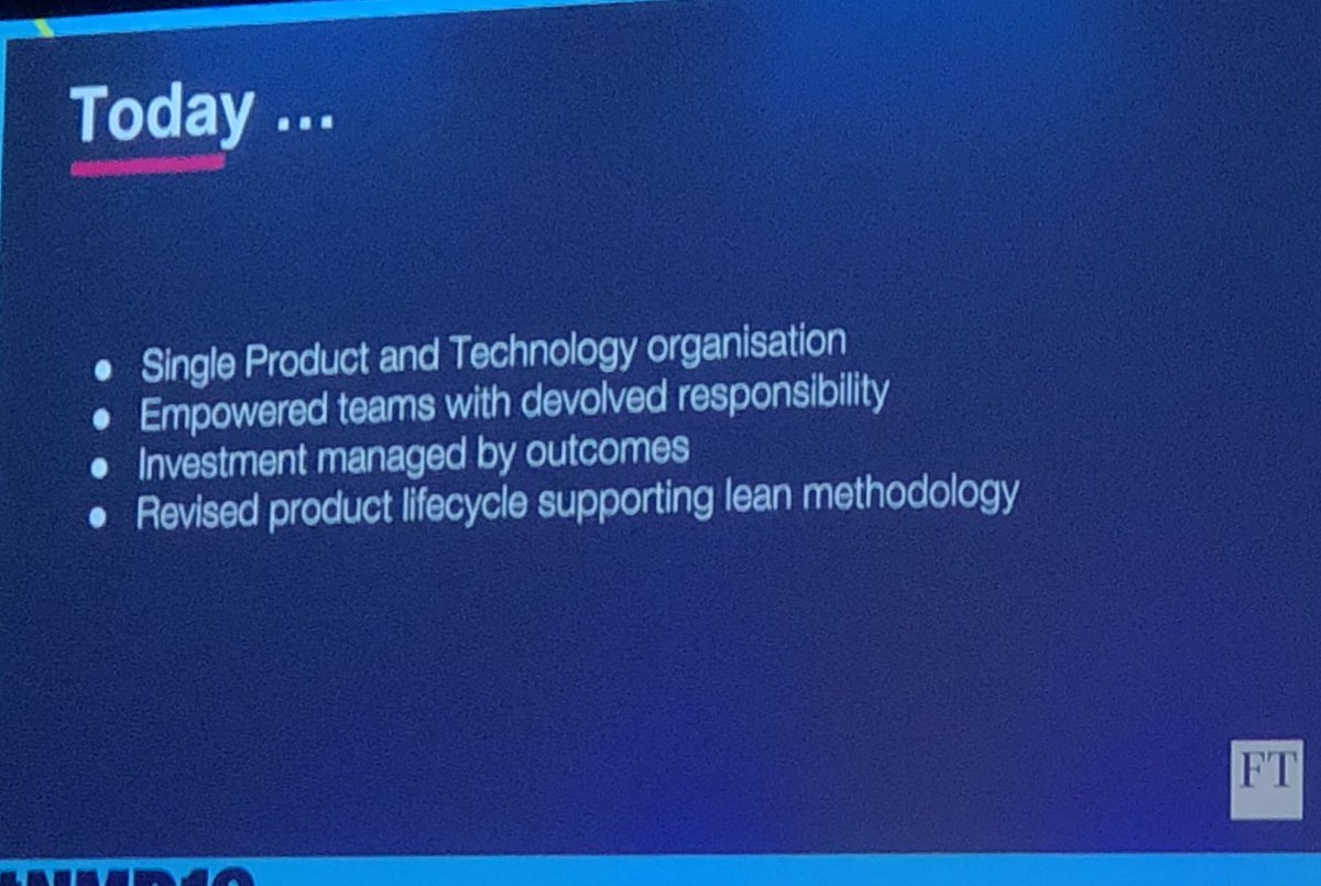 Way way too much to digest from <a href="/caitoriordan/">Cait O'Riordan</a>’s terrific #nmd19 talk about how the <a href="/ft/">Financial Times</a> uses data + lean to drive smart product development. 

Here’s the money slide, though: It comes down to empowered product teams operating in the right structure. No surprise here.