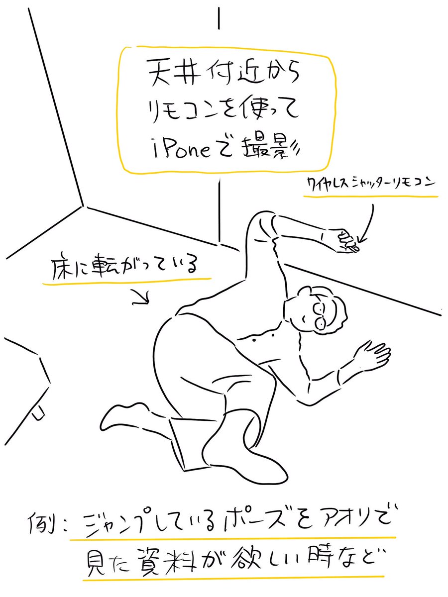 芦野公平 Kohei Ashino イラスト用のポーズ資料を自作する方法 スマホとスマホ用フレキシブルアームとワイヤレスシャッターリモコンを図のようにセットして スマホカメラを自撮りモードにしてディスプレイでポーズを確認しつつワイヤレスリモコンで