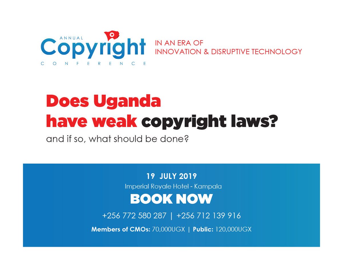 kta_law's tweet image. Are the current #copyright laws in Uganda sufficient to protect the intellectual property of the people?

We would like to know what your take is on this?

@BwahaDenise @bwana @Charxpose @nabwiso @Ubuntupublisher

#Copyrightconference 2019 - 19th July 2019 : Imperial Royale Hotel