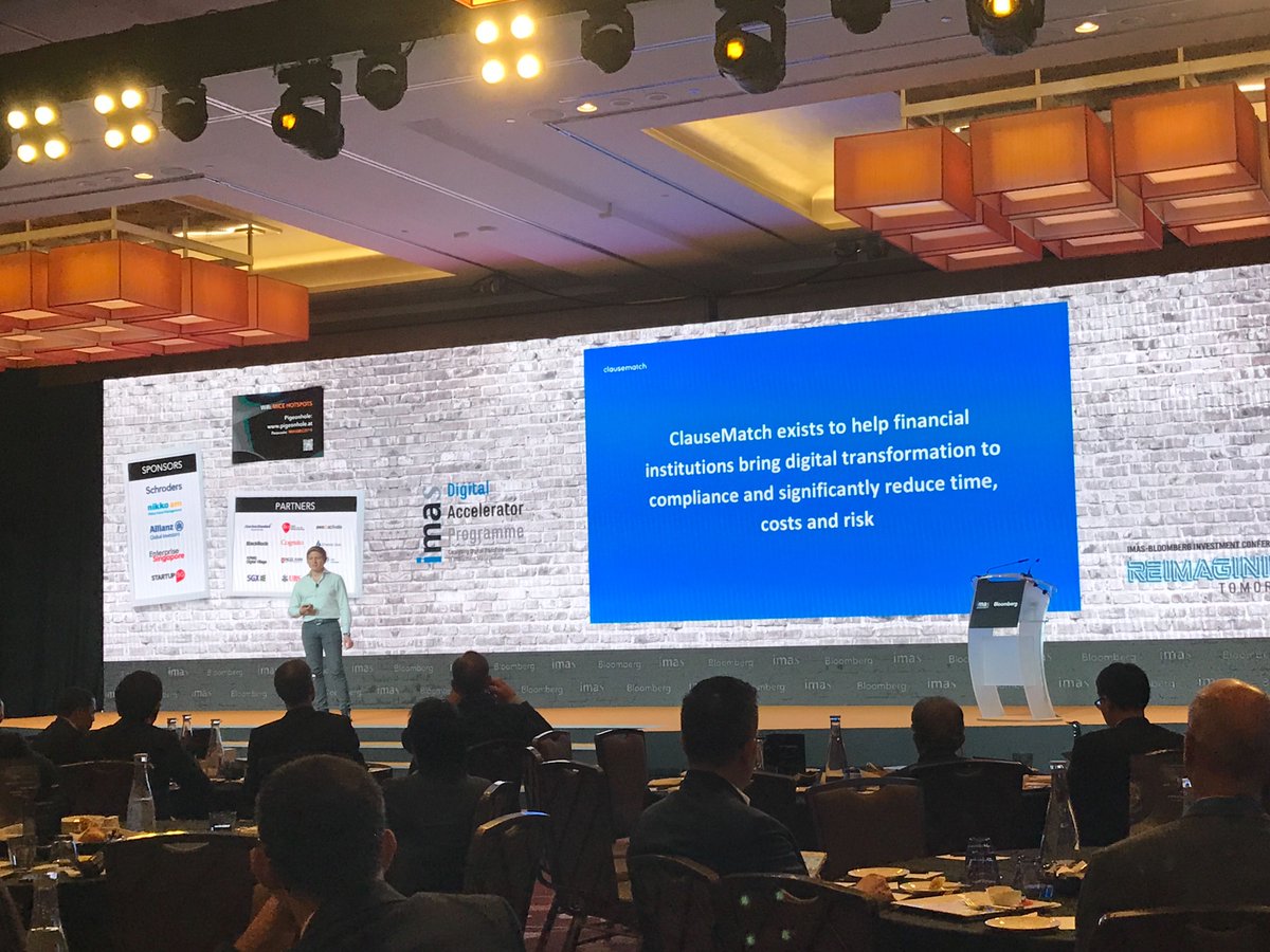 Clausematch's tweet photo. .@ClauseMatch exists to help financial institutions bring digital transformation to compliance and significantly reduce time, costs and risks. CEO &amp; Founder @evgenyy pitching @IMAS_SGP 

#IMASBloomberg2019 #ReimaginingTomorrow #IMASDAP #Compliance #Innovation #FinTech #RegTech https://t.co/O3yTU3sUns