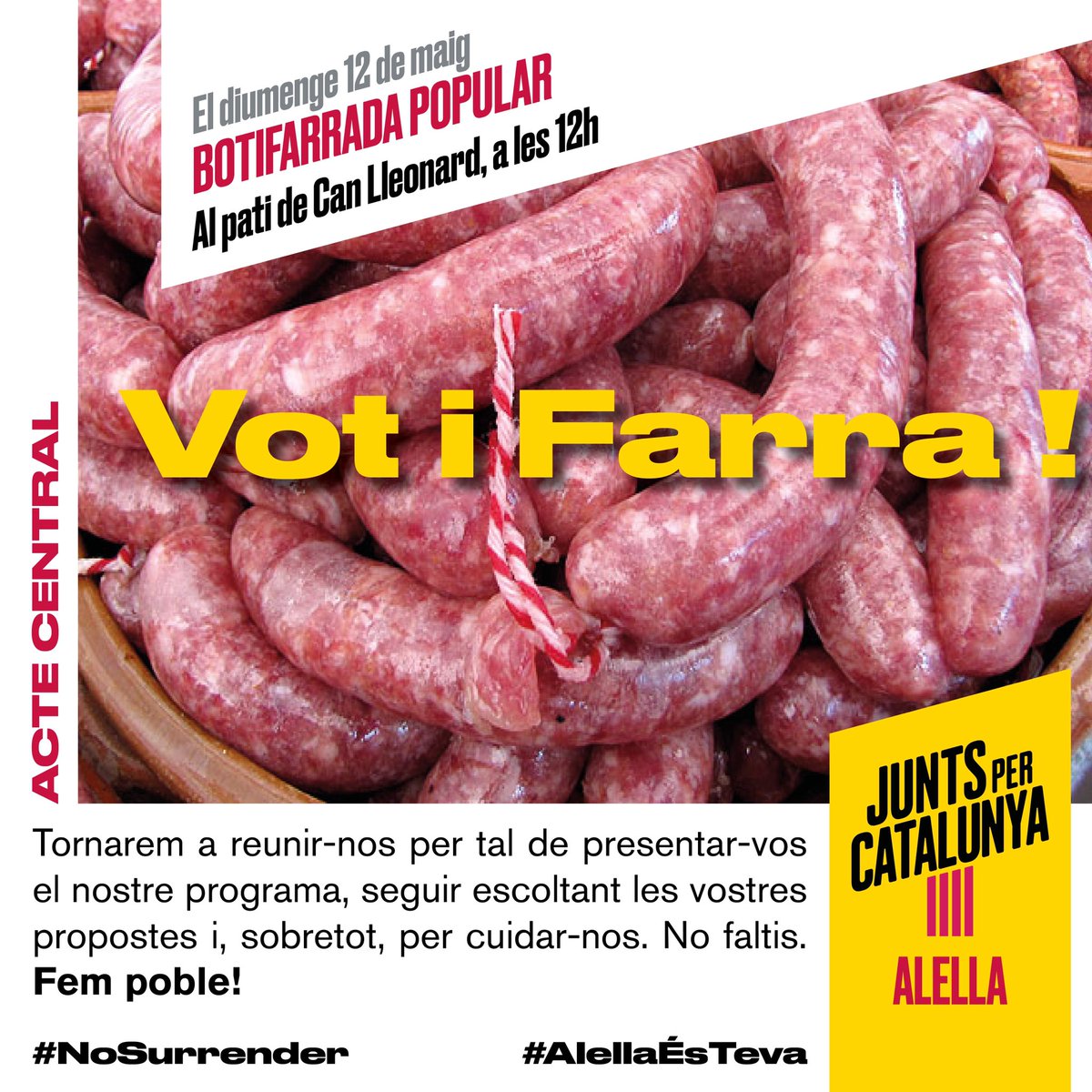 JuntsxCataluny1's tweet photo. Aquest diumenge fem #botifarradapopular festiva i solidària amb la #caixadesolidaritat Explicarem les nostres propostes per #Alella, recollirem les vostres i passarem una bona estona.Als qui feu l'itinerari https://t.co/XQ01HlnEQH, en arribat us esperem! #Femhojunts #Alellaésteva https://t.co/6QvXde4vY3