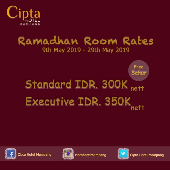 CiptaMampang's tweet photo. Cipta Hotel Mampang is located strategic place in Mampang Jakarta, close to the shopping and culinary district.
#CiptaHotelMampang  #SouthJakarta #Ramadhan #RamadhanRoomRates 

More info⤵️
Phone : +62 21 7901340
WhatsApp : +62 81386701119
📩 customercare@ciptamampang.com https://t.co/bRFqJl0vu6