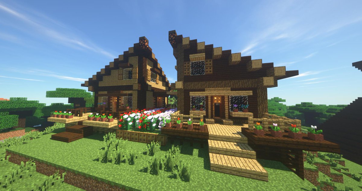 るーるるー V Twitter ２０１９年４０番目の建築です 前回が大きかったので 今回は少し小さめのツートンウッドハウスを作ってみました 今回もちょっと変わった形の屋根にしてみました マインクラフト マイクラ Minecraft