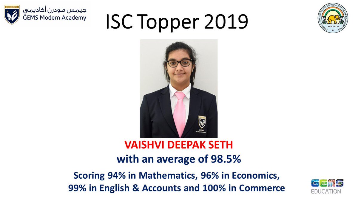GEMS Modern Academy (@dxbmodern) on Twitter photo Vaishvi Seth, our Topper for the ISC batch of 2019. <a href="/riteshdhanak/">Ritesh Dhanak</a> <a href="/KNargish/">Nargish Khambatta</a> <a href="/GEMS_ME/">GEMS Education</a> <a href="/vaishvi1/">SSeth</a> Vaishvi Seth, our Topper for the ISC batch of 2019. <a href="/riteshdhanak/">Ritesh Dhanak</a> <a href="/KNargish/">Nargish Khambatta</a> <a href="/GEMS_ME/">GEMS Education</a> <a href="/vaishvi1/">SSeth</a>