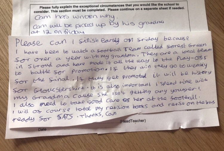 A young Forest Green Rovers fan has written to his headteacher asking for a half day tomorrow to watch his team in the play-offs. Cam Hoffman has been going with his grandma to watch @FGRFC_Official play for more than a year. https://bit.ly/2WwJ5Hj