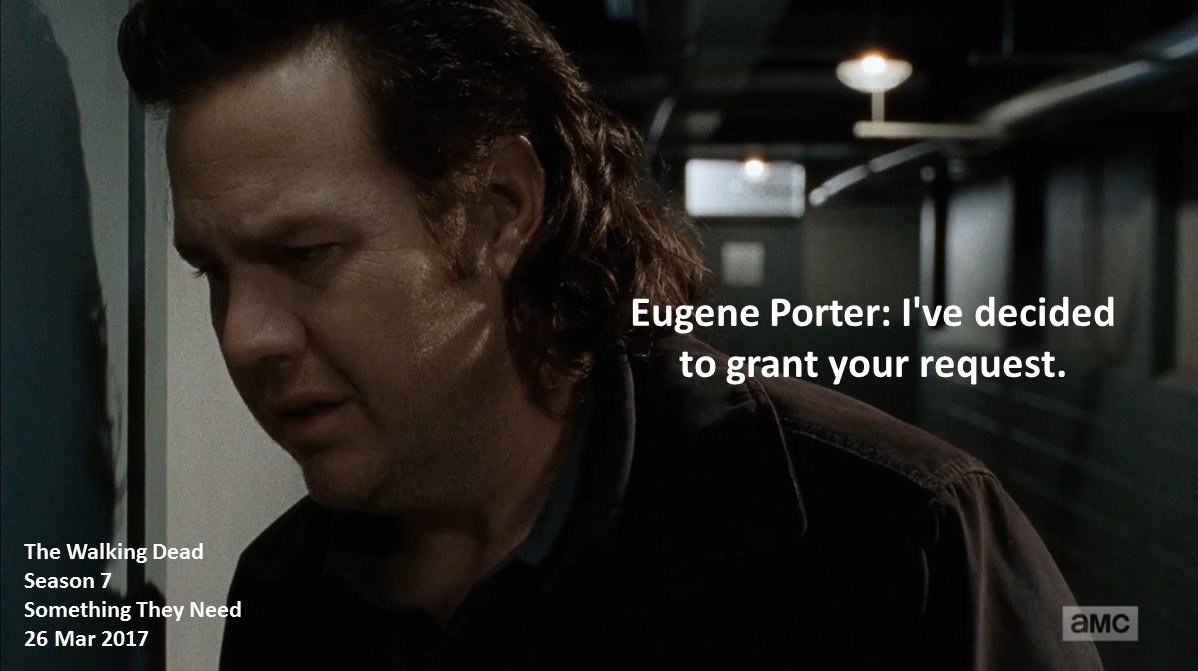 DoctorDoubleTap's tweet photo. #Eugene Porter: I've decided to grant your request.
#TheWalkingDead
Season 7
#SomethingTheyNeed
26 March 2017
Zombie Apocalypse
Texas
Terminus Survivor, Wolf Siege Survivor
Josh McDermitt https://t.co/oEPGeZXjE4