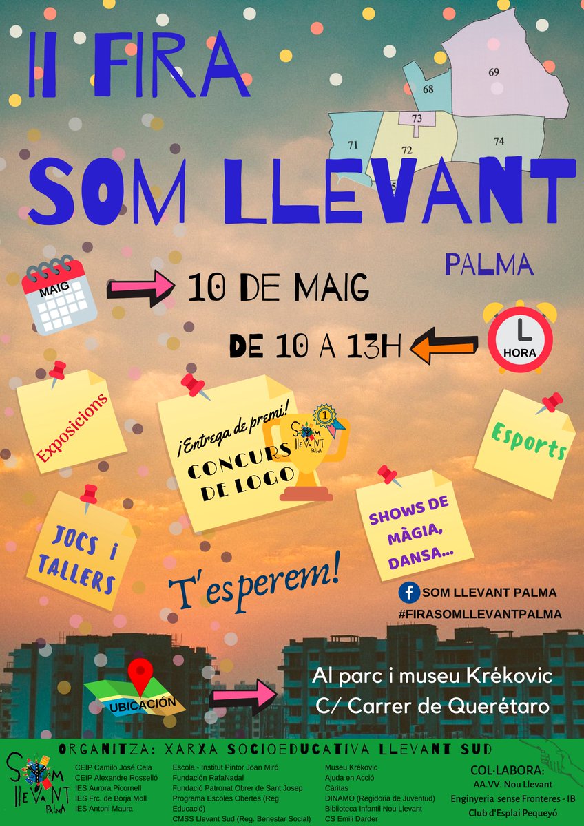 📣 Demà celebram la II Fira #SomLlevant #Palma organitzada per 16 entitats del barri  ➡️ El parc Krekovic acollirà entre les 10 i les 13 hores shows de màgia i dansa, jocs, tallers i exposicions 🤹‍♀️ Vine a viure el #barri!
