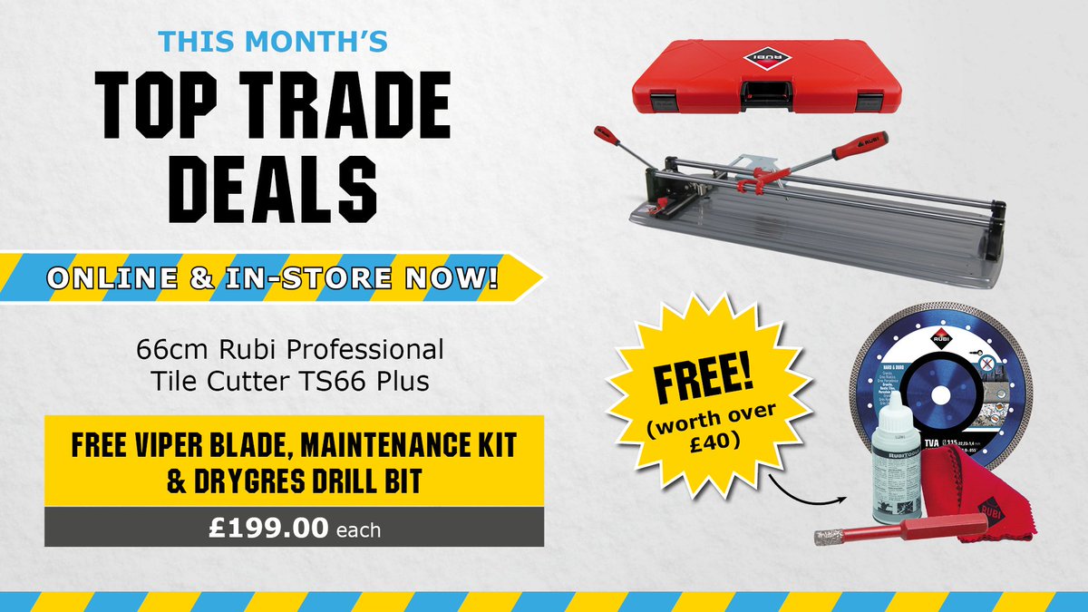 CTDTrade's tweet photo. May Top Trade Deal! 👷 FREE Viper Blade, Maintenance Kit &amp; Drygres Drill Bit with every 66cm Rubi Professional Tile Cutter TS66 Plus only £199.00 each ex VAT! View and buy online now 👉 https://t.co/O5T7nluhLo https://t.co/rAW9wJKfc1