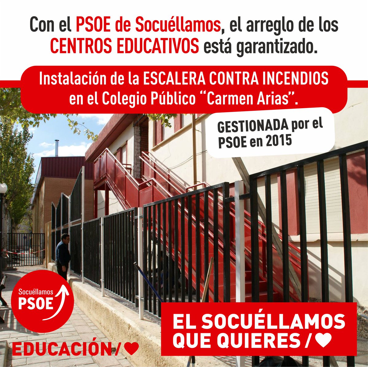 PSOESOCUELLAMOS's tweet photo. #EDUCACIÓN 📕Con el PSOE de Socuéllamos, el arreglo de los Centros Educativos está garantizado. En tan solo unos meses, el Gobierno Socialista de la localidad consiguió en 2015, junto con la JCCM, la instalación de la ESCALERA CONTRA INCENDIOS del Colegio Público “Carmen Arias”. https://t.co/1wu5HoSQx6