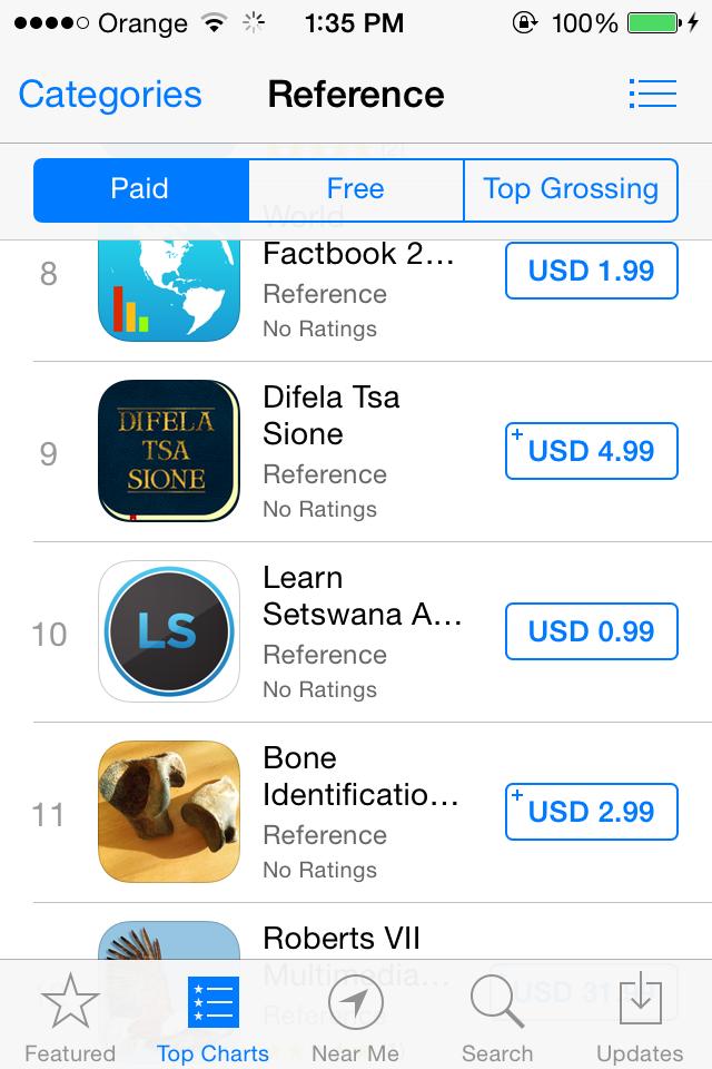 .<a href="/LearnSetswana/">Learn Setswana</a> 
#10 Under Reference category (Paid section)
#6 Under Reference category (Free) 

link: itunes.apple.com/bw/app/learn-s…