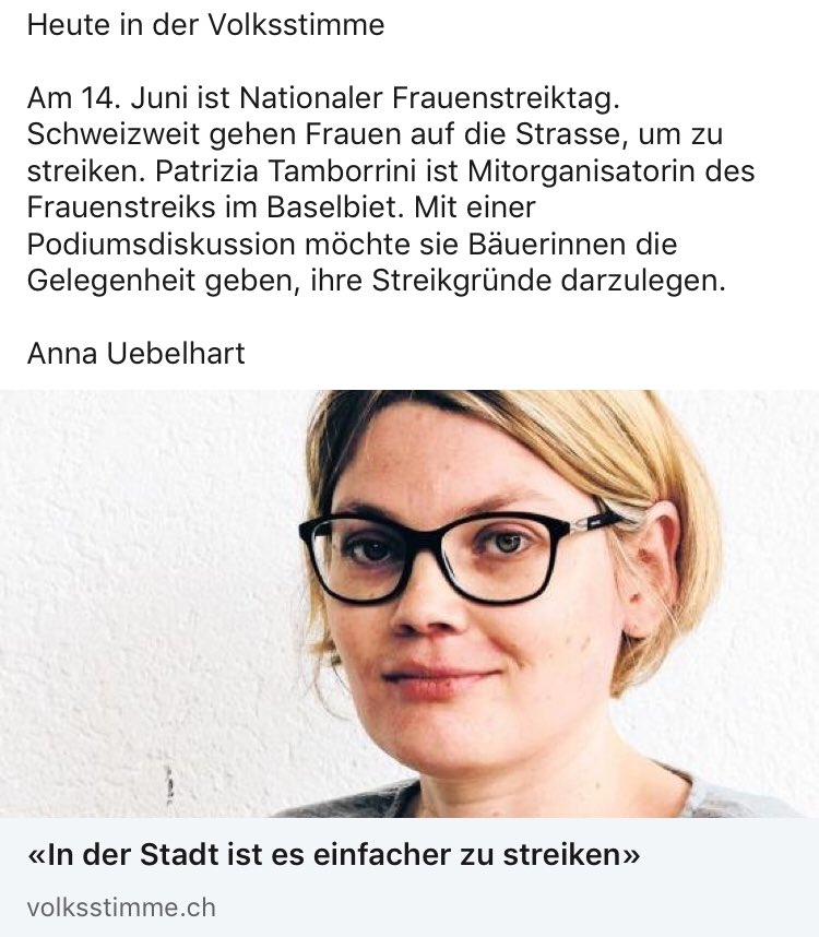 Heute in der Volksstimme
Am 14. Juni istNationaler Frauenstreiktag.Schweizweit gehen Frauen*auf die Strasse,um zu streiken.<a href="/PTamborrini/">@patriziatamb</a> istMitorganisatorin des Frauenstreiks im Baselbiet. #frauenstreik2019  Von Anna Uebelhart 
Link: volksstimme.ch/comment/reply/…