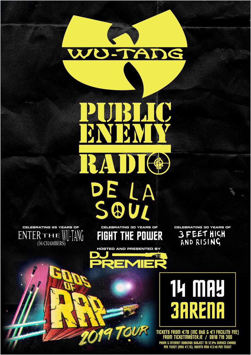 Next Tuesday - The GODS OF RAP - Dublin Takeover <a href="/WuTangClan/">Wu Tang Clan</a> <a href="/PublicEnemyFTP/">PUBLIC ENEMY</a> <a href="/WeAreDeLaSoul/">De La Soul</a>  Extra standing tickets on sale Now tinyurl.com/y4huy93h <a href="/TicketmasterIre/">Ticketmaster Ireland</a> <a href="/3ArenaDublin/">3Arena</a> <a href="/The_PremiumClub/">The Premium Club</a> <a href="/the1878Dublin/">the 1878 at 3Arena</a> <a href="/NoelMcHale/">Noel Mc Hale</a> <a href="/mcd_productions/">MCD Productions</a>