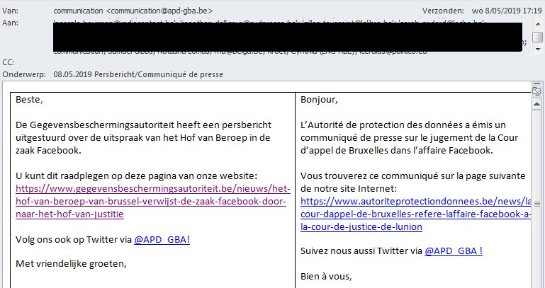 kristofvds's tweet photo. Dus onze Gegevensbeschermingsautoriteit stuurt een persbericht uit over de zaak tegen Facebook en zet alle journalisten gewoon in het cc-veld? @APD_GBA https://t.co/dUuBHoTITI