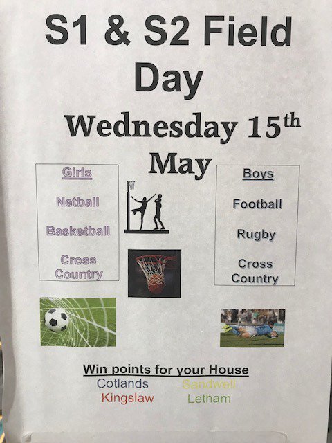 LevenmouthAc's tweet photo. The S1 &amp; S2 Field Day will take place on Wednesday 15th May P1 to P5.  If you have not signed up for it yet and you would like to take part please see Mrs Sanft in PE Dept. #LevPE #healthandwellbeing https://t.co/9IrOn7hQUF