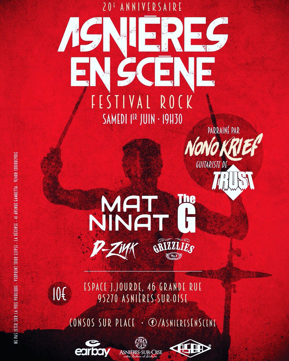 MatNinat's tweet photo. I’ll be headlining the Asnières en Scène festival next June 1st, with my power trio band MAT NINAT with @aureldrums on drums and #PascalMulot on bass.
#savarez @TAMAofficial @meinlcymbals @PatriceVigier @VaterDrumsticks @remopercussion @marshallamps @gibsonguitar https://t.co/w7BLfsh2Fa