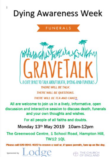 GCC_HamptonHill's tweet image. Dying Matters Awareness Week 2019 runs May 13-19. Anyone is welcome to join a session hosted by @LodgeBrothers here at our Centre on Monday 13 May from 10am. @dyingmatters @RichmondComLink @Pauline_GCC @GccMandy