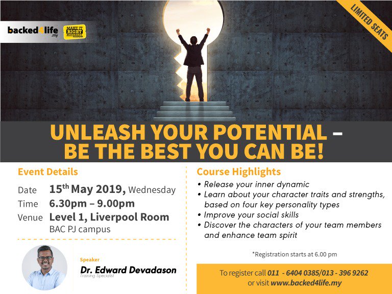 Unleash Your Potential - Be The Best You Can Be !

REGISTER &amp; JOIN FOR FREE at
bit.ly/B4LMay2019

You may be getting a call to confirm your attendance.

For more information, please call us at 011-64040385 / 013-3969262