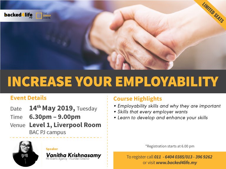 Increase Your Employability 

REGISTER &amp; JOIN FOR FREE at
bit.ly/B4LMay2019

You may be getting a call to confirm your attendance.

For more information, please call us at 011-64040385 / 013-3969262