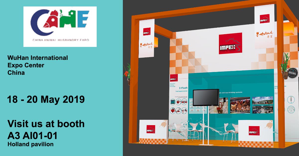 Visit <a href="/ImpexBarneveld/">Impex Barneveld</a> May 18 – 20 at the #CAHE in Wuhan, China to learn all about how to protect the #hygiene in your #poultry house. #CAHE #Wuhan #Poultry #Drinkingsystemsforlivestock #Automaticflushing #Betterhygiene #Hollandpavilion