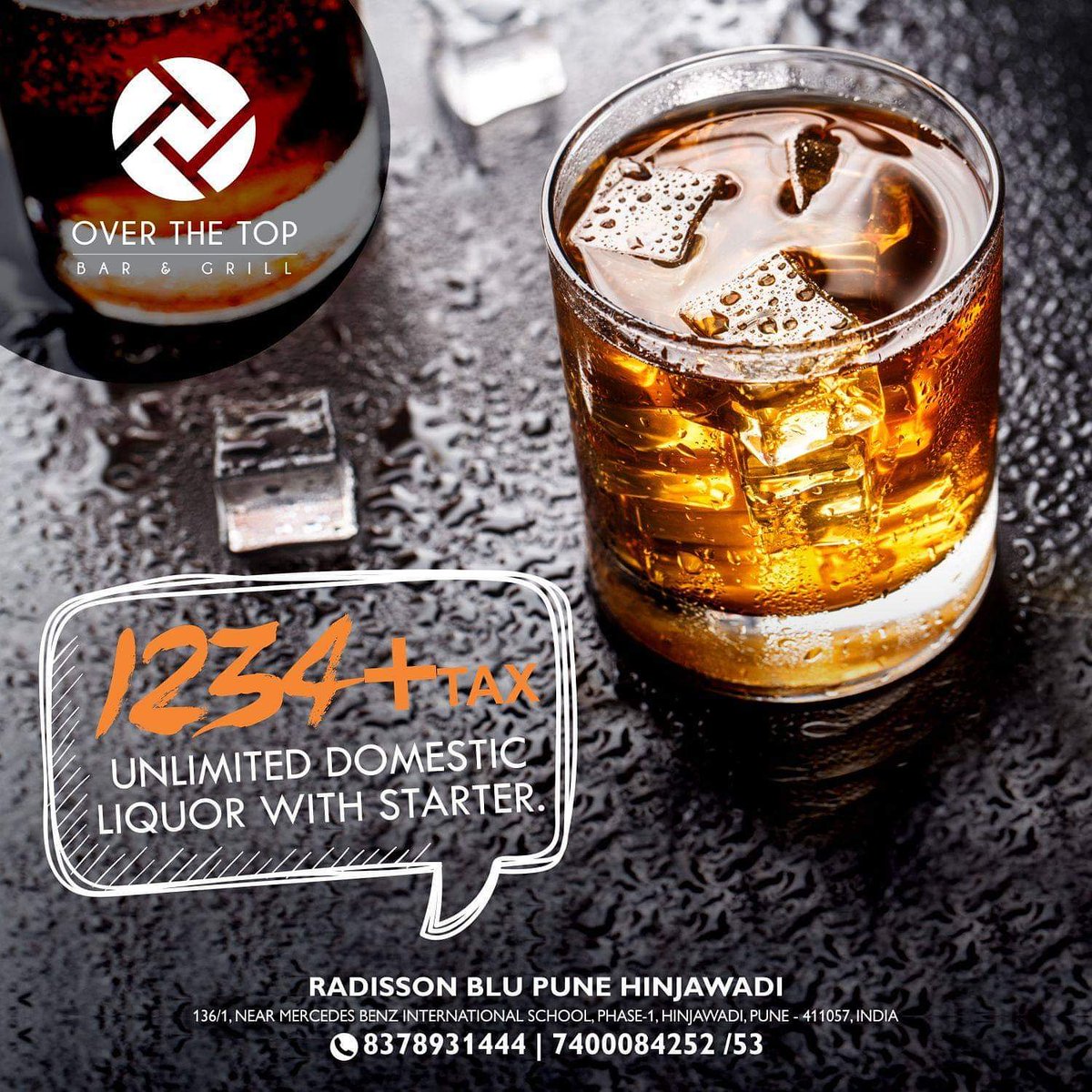 overthetoppune's tweet photo. Buzz up your good mood with our exciting 1234+ Tax offer. Get unlimited domestic liquor &amp; starter for 120 mins.

#OverTheTopPune #Pune #Drinks #Beverages https://t.co/5cXoCJMeI8