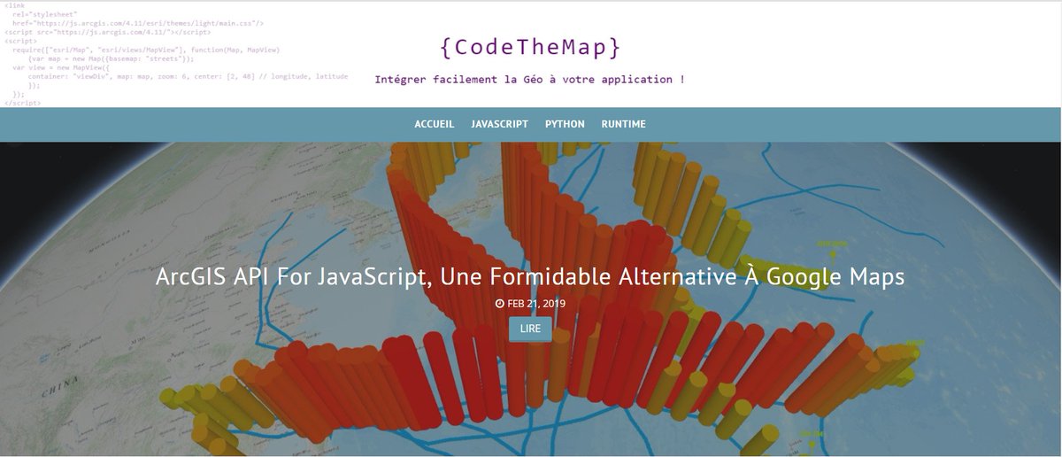 Esri_France's tweet image. Nouveau blog Esri France dédié aux développeurs d&apos;applications Géo ==&amp;gt; bit.ly/2vLu7l4 !
#CodeTheMap #nouveaublog #javascript #mapping #python #application #developers #arcgis #mapping #géo-intelligence @ArcGISJSAPI  @EsriGeoDev @Esri