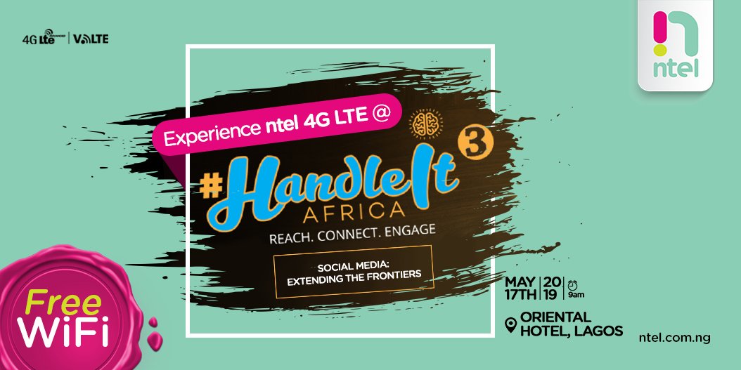 We will be live at the 3rd edition of #HandleItAfrica. 
Visit our stand for Freebies.
#ntel
#Unlimited 
#4GLTE