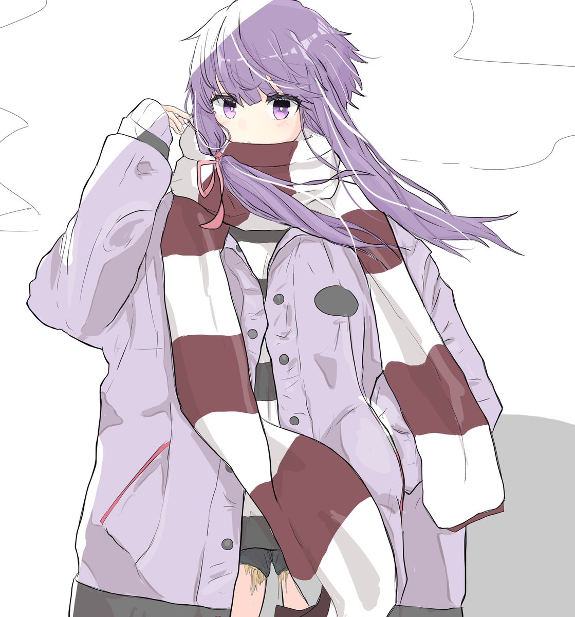 yuzuki yukari 1girl scarf solo purple eyes purple hair jacket looking at viewer  illustration images