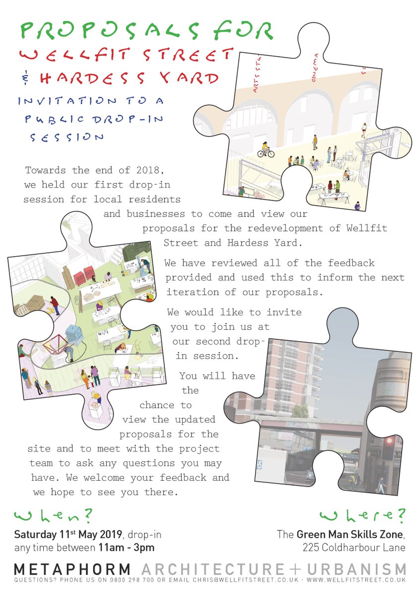 Developers <a href="/metaphorm/">Metaphorm Architects</a> are consulting again on its plans for Wellfit Street &amp; Hardess Street on Saturday 11 May 2019 from 11am to 3pm <a href="/GreenManBrixton/">GreenManSkillsZone</a> on the corner of Coldharbour Lane and Hinton Road.