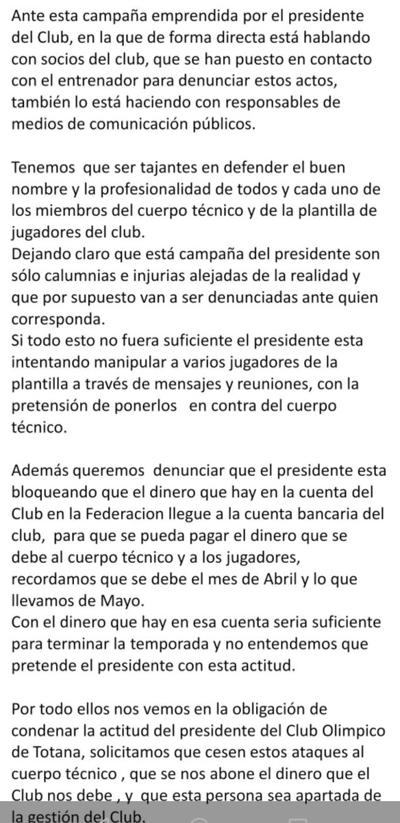 <a href="/treceraG13/">Trecera.com ⚽️</a>
Comunicado oficial del cuerpo técnico y plantilla del @olimpictotana donde condenan la actitud del presidente de la entidad con ellos, el pago de emolumentos atrasados y el cese de sus funciones.