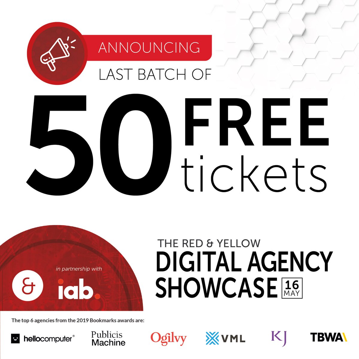 RedAndYellowEd's tweet image. To make this electric event more inclusive, we’re releasing a final batch of 50 free tickets to our #DigitalAgencyShowcase! Grab one now bit.ly/2E9fCML. If you miss out, you have until the end of the day to enter our ticket giveaway, see previous tweets for details 📕📒