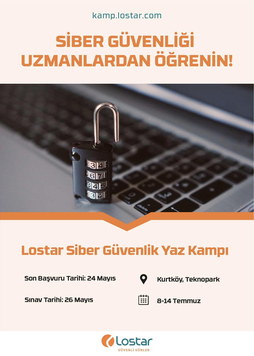 kayhankayihan's tweet photo. #LostarKamp19 için hazır mıyız?
Başvuru ve sınav tarihleri açıklandı.
#Staj #Siber #Sibergüvenlik #Kamp #Eğitim #Lostar #bilgisayarmuhendisliği https://t.co/uIoPnp7yaC