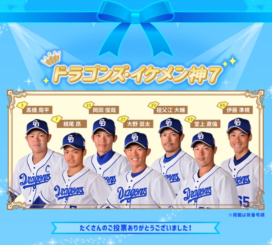 Medica イケメン神7 決定 やっぱりみんなかっこええなぁ でも With Blueハートバトン要らんわ ってなってるｼﾞｮｼがいてコワイので神11まで広げてくださいな中日ドラゴンズさん 中日ドラゴンズ ガールズシリーズ ドラ恋